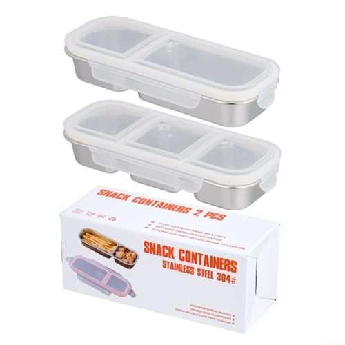 2er Set Edelstahl Snackbox mit 2 und 3 Fächern Auslaufsichere Behälter für Snacks und Dips (Silber) von CWOQOCW