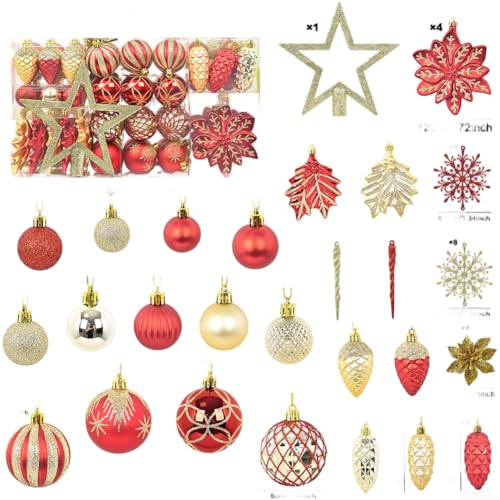CWOQOCW 110-teiliges Weihnachtskugel-Ornament-Set in einzigartigen Formen, roter Kunststoff-Baumschmuck für Ferienhaus und Party-Dekoration von CWOQOCW