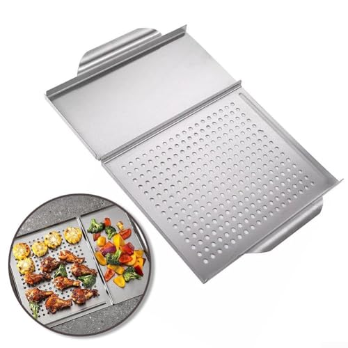CWOQOCW 2-in-1 Edelstahl-Grillschale, perforierte Grillpfanne für Gemüse und Fisch, 30,7 x 45 cm Backblech (Bratform) von CWOQOCW