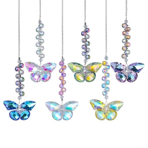 CWOQOCW 6 Stück handgefertigte Diamant-Schmetterling-Sonnenfänger, bunte Glas-Hängedekorationen mit Edelstahlkette für Garten oder Zuhause CWOQOCW 6 Stück handgefertigte Diamant-Schmetterling-Sonnenfänger, bunte Glas-Hängedekorationen mit Edelstahlkette für Garten oder Zuhause von CWOQOCW