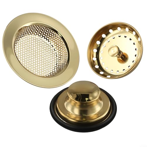 CWOQOCW Edelstahl Küchenspüle Abflusssieb Set Gold 3-teiliges Stopper Kit Mesh Waschbecken Sieb Set für Badezimmer Badewanne Sanitär Verstopfung Prävention (Gold) von CWOQOCW