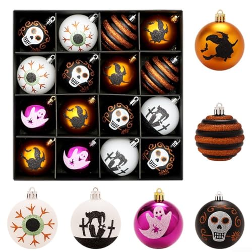 CWOQOCW Halloween-Kunststoff-Kugel-Ornamente, Set mit 16 bemalten Hängedekorationen für drinnen und draußen, Urlaub, Baum, Büro, Party CWOQOCW Halloween-Kunststoff-Kugel-Ornamente, Set mit 16 bemalten Hängedekorationen für drinnen und draußen, Urlaub, Baum, Büro, Party von CWOQOCW