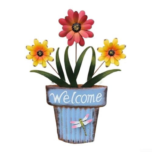 CWOQOCW Metall-Garten-Willkommensschild Sonnenblume Hofpfahl Outdoor Innenhof Dekor Eisen Blumentopf (blau) von CWOQOCW