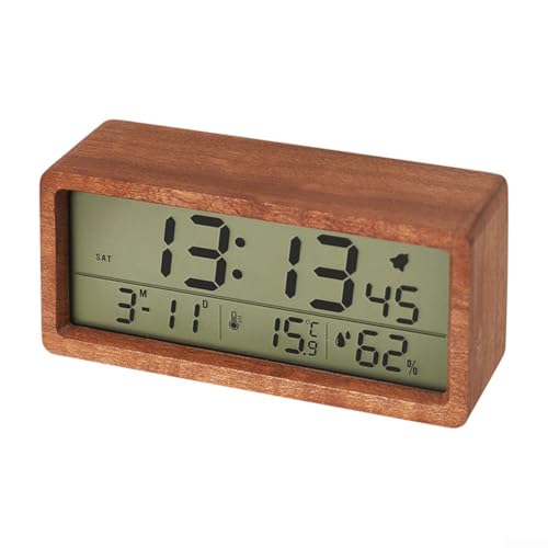 CWOQOCW Multifunktionaler Wecker aus Holz, großes Digitaldisplay, Temperatur- und Feuchtigkeitssensoren, Schlummermodus für Nachttisch oder Schreibtisch (Billy Brown) von CWOQOCW