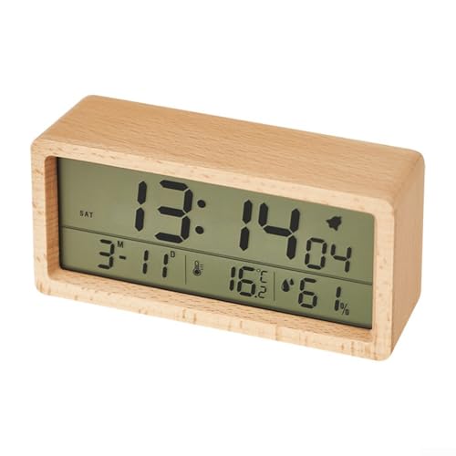 CWOQOCW Multifunktionaler Wecker aus Holz, großes Digitaldisplay, Temperatur- und Feuchtigkeitssensoren, Schlummermodus für Nachttisch oder Schreibtisch (gelbes Holz) von CWOQOCW