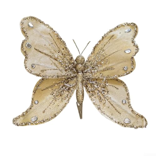 CWOQOCW Schmetterlings-Baumschmuck mit Clip, glitzernde Flügel-Ornamente, Stoff, Urlaub, Wohnaccessoires, Innen- und Außenbereich, 25 x 21 cm (Gold) von CWOQOCW