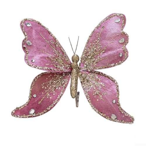 CWOQOCW Schmetterlings-Baumschmuck mit Clip, glitzernde Flügel-Ornamente, Stoff, Urlaub, Wohnaccessoires, Innen- und Außenbereich, 25 x 21 cm (dunkelrosa) von CWOQOCW