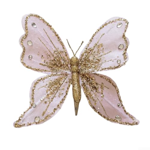 CWOQOCW Schmetterlings-Baumschmuck mit Clip, glitzernde Flügel-Ornamente, Stoff, Urlaub, Wohnaccessoires, Innen- und Außenbereich, 25 x 21 cm (halbrosa) von CWOQOCW