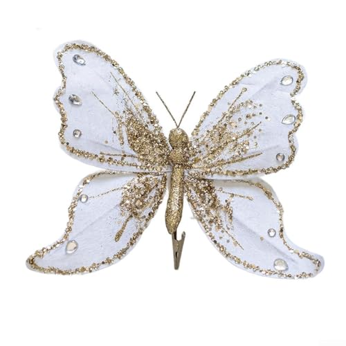 CWOQOCW Schmetterlings-Baumschmuck mit Clip, glitzernde Flügel-Ornamente, Stoff, Urlaub, Wohnaccessoires, Innen- und Außenbereich, 25 x 21 cm (weiß) von CWOQOCW