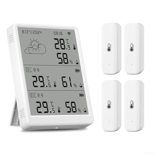 CWOQOCW Thermometer Luftfeuchtigkeitsmesser WiFi Temperatur Luftfeuchtigkeit Überwachungssystem RF433 LCD Display Basisstation mit Fernbedienung Sensor Indoor Outdoor (1 x Monitor + 4 x Sensor) von CWOQOCW