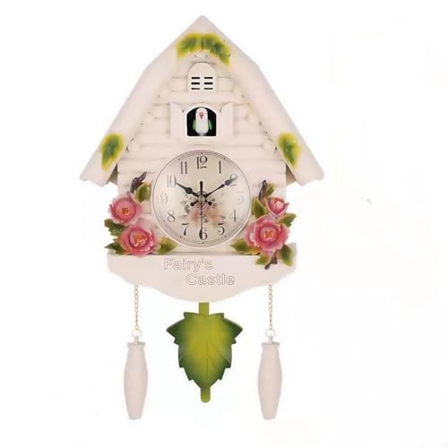 Charmante Kuckuckspendel-Wanduhr, fügt skurrile Elemente zu Ihrem Wohnzimmer-Dekor hinzu (weiße Blumen) von CWOQOCW