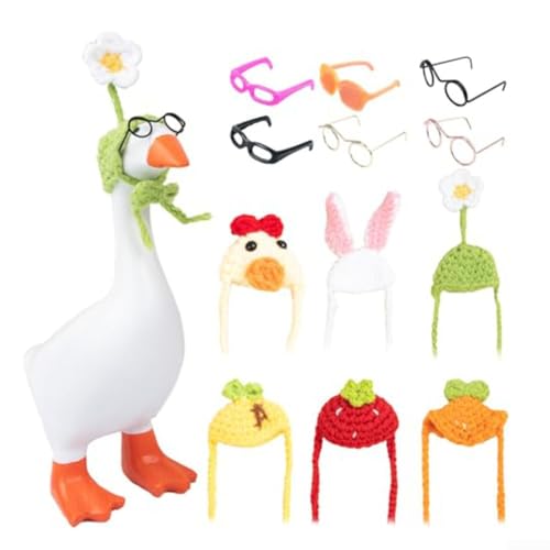 Mini-Schreibtisch-Gans-Outfit-Set mit 6 Strickmützen und Sonnenbrille, entworfen für niedliche Haustierdekoration und festliche Heimdekoration von CWOQOCW
