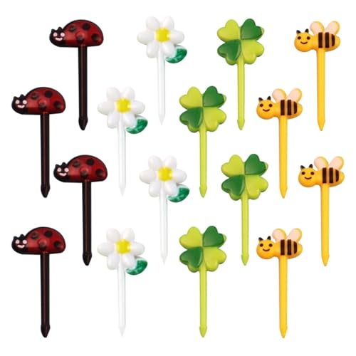 16 Stück Obstspieße, Niedliche Cartoon-Zahnstocher, Mini-Sonnenblumen-Marienkäfer-Obstgabeln, Obstteller-Dekorationsgabeln, Cartoon-Kuchengabeln, Tier-Dessertgabeln, Wiederverwendbare Obstgabeln von CWPFVQA