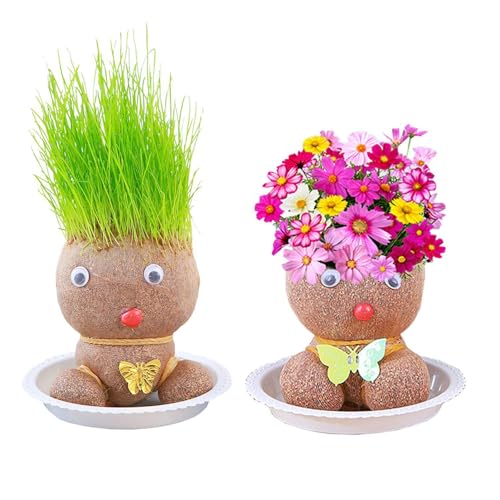 CWPFVQA 2 Stück Pflanzenwachsende Puppen, 2 Stück Tabletts, Blumenkopf-Graskopfpuppen, Mini-Bonsai-Graskopfpuppen, Kreative Büro-Desktop-Dekorationen, Wachstumsgeschenke Für Kinder von CWPFVQA