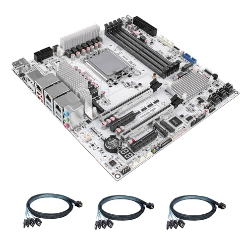 CWWK W680 NAS Motherboard Micro ATX 12 Bay, LGA 1700 mATX Weiß PC Mainboard mit 10GbE&2 * 2.5GbE LAN, 4 x DDR5 Desktop RAM (ECC), 3 x NVMe, PCIe5.0 x16, vPro (3X 4-SATA Cable) von CWWK