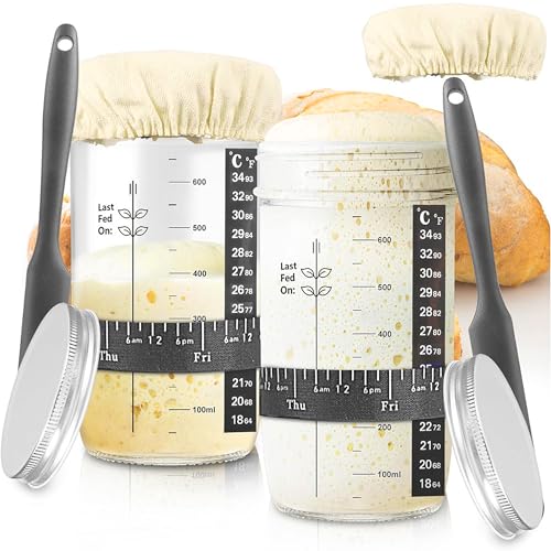 CXAFQ 2Pcs 24OZ Brot Sauerteig Gläser, Mit Datumsmarkierung, Thermometer, Schaber, Genähter Stoffabdeckung Und Metalldeckel, Brotgärung, Wiederverwendbares Sauerteig-Starterglas Zum Backen von CXAFQ