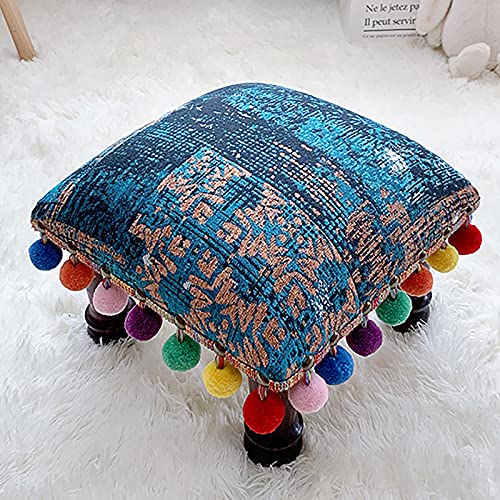 CXEGCCUF Boho Holz Kleiner Fußhocker,Bunte Quaste Ottomane Fußstütze Für Couch,Schöne Leinen Stoff Fußhocker Kinder Schuhwechselhocker-Und 30x30x22cm(12x12x9inch) von CXEGCCUF