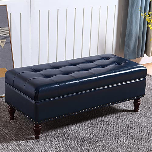 CXEGCCUF Premium Kunstleder Ottomane Bank,Moderne Fußbank Für Das Ende des Bettes Weiche Kissen Sitz,Massivholz Schuhbank Fußstütze Hocker Für Wohnzimmer Flur-Blau 60x40x41cm(24x16x16inch) von CXEGCCUF