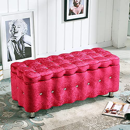 CXEGCCUF Samtgetufteter gepolsterter Schuhschrank mit Stauraum, Luxus-Sitzbank mit Kristallknöpfen, Wohnzimmer-Schlafzimmer-Komfortable Fußstütze, Multifunktions-Sitzbänke, Wassermelonenrot von CXEGCCUF