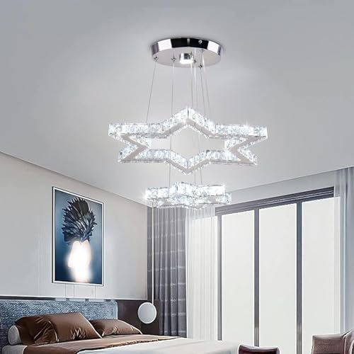 CXGLEAMING Modern Hängelampe LED Kronleuchter Kristall Stern Luster Pendelleuchte Esstisch Hängelampe Wohnzimmer 45W Verstellbare Aufhängung für verschiedene Designs 18cm Deckensockel （Weißes Licht） von CXGLEAMING