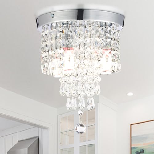 CXGLEAMING Kristall Kronleuchter Klein Pendelleuchte Deckenleuchte Kompatibel mit E14-Glühbirnen Geeignet für Wohnzimmer Schlafzimmer Küche Bad Flur (Chrombasis) von CXGLEAMING