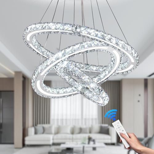 CXGLEAMING Moderne Kronleuchter-Deckenleuchte LED Kristall Pendelleuchte Dimmbare Hängelampe Fernbedienung 3-Ring Kristall Hängelampe für Wohnzimmer Schlafzimmer Küche Flur von CXGLEAMING