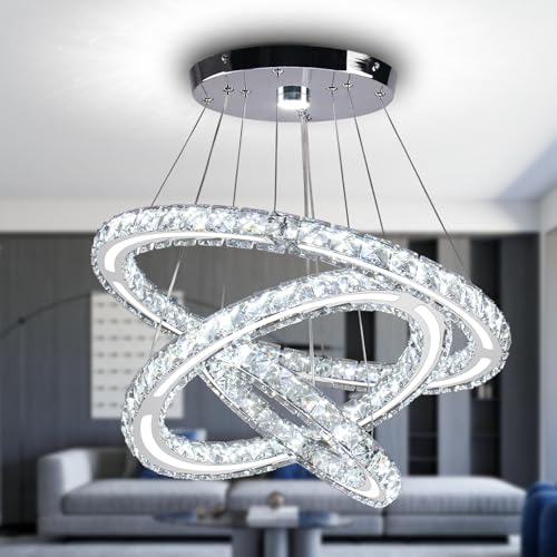 CXGLEAMING Moderne Kronleuchter-Deckenleuchte LED Kristall Pendelleuchte Höhenverstellbar 3-Ring Hängeleuchte Kristall Runde Hängelampe für Wohnzimmer Schlafzimmer Esszimmer Küche(Kaltweiß) von CXGLEAMING