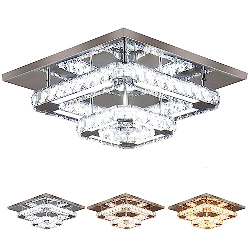 CXGLEAMING Moderne Kronleuchter Kristall Deckenlampe LED Deckenleuchte Kristall 2-Quadrat Kronleuchter Unterputz Klein Deckenleuchten für Wohnzimmer Schlafzimmer Flur(3 Lichtfarbe Veränderbar) von CXGLEAMING