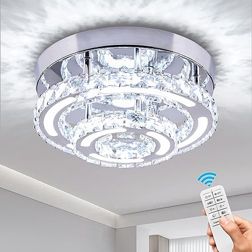 CXGLEAMING Moderne Klein Kronleuchter Kristall Deckenleuchte LED Dimmbar Deckenlampe Rund Unterputz Pendelleuchte Kristall Deckenleuchten für Schlafzimmer Wohnzimmer Küche Flur(Fernbedienung) von CXGLEAMING