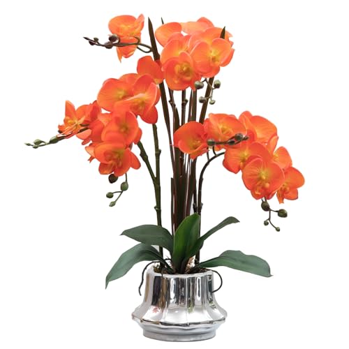 CXGS Künstliche Orchidee, 52 cm, fühlt sich echt an, in Keramikvase, Orange, künstliche Phalaenopsis-Blumenarrangement, Seidenorchideen mit Stielen für Tafelaufsatz, Tisch, Heimdekoration, von CXGS