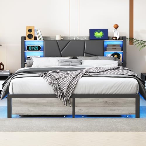 Bettgestell aus Metall, 180 x 200 cm mit Aufbewahrung, Bett mit zwei Schubladen aus Eisen, mit USB-Anschlüssen und LED-Beleuchtung, Doppelbett mit Metallrost und gepolstertem Kopfteil, ohne Matratze von CXHLXYR