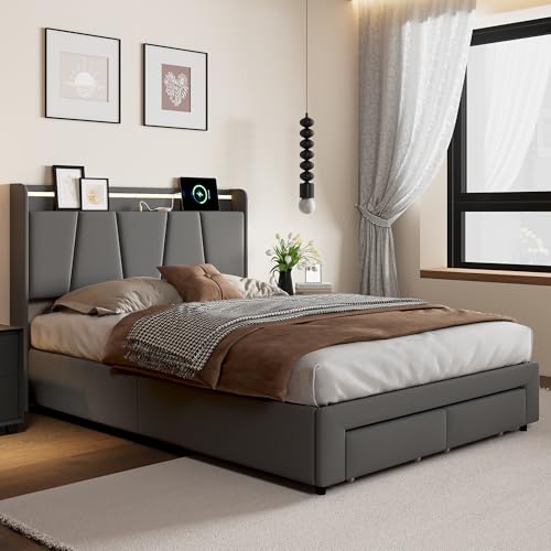 Bettkasten, 160 x 200 cm, mit LED und USB, gepolstertes Bett mit 2 Schubladen, Erwachsenenbett mit Lattenrost, Doppelbett mit Stauraum, gepolstertes Bettgestell aus Leinen, einfach zu montieren Bettkasten, 160 x 200 cm, mit LED und USB, gepolstertes Bett mit 2 Schubladen, Erwachsenenbett mit Lattenrost, Doppelbett mit Stauraum, gepolstertes Bettgestell aus Leinen, einfach zu montieren von CXHLXYR