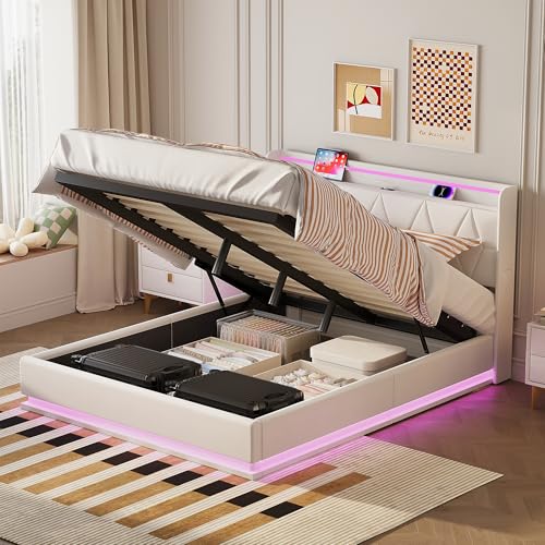 CXHLXYR Bettkasten, 140 x 200 cm mit LED und USB, gepolstertes Doppelbett mit Stauraum und Kopfteil, Bett 140 x 200 cm mit hydraulischem Polsterrost, aus Samt (Weiß, 140 x 200 cm) von CXHLXYR