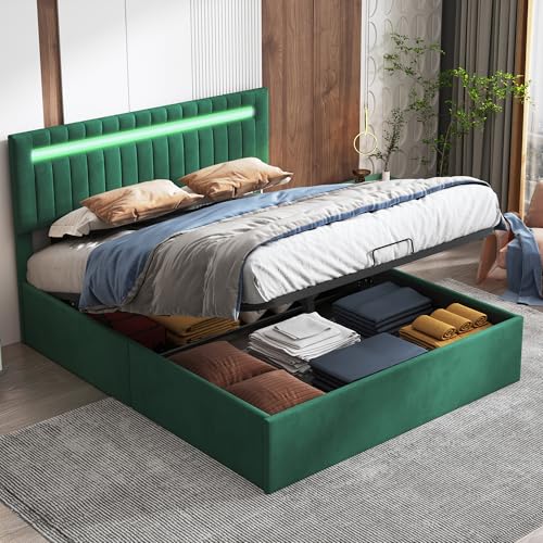 CXHLXYR Doppelbett, gepolstert, 140 x 200 cm, Bett mit Stauraum und LED-Lichtern, Bett 140 x 200 cm, mit Lattenrost, vertikales Motiv, hydraulisches Kopfteil, Samt (Grün, 140 x 200 cm) von CXHLXYR