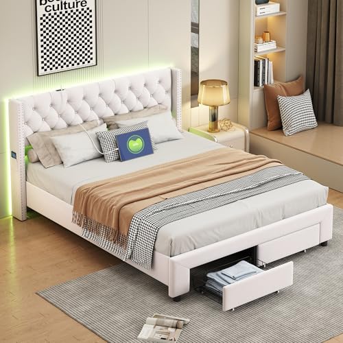 CXHLXYR Gepolstertes Doppelbett, 140 x 190 cm mit LED und USB-Anschlüssen, Bettgestell 140 x 190 cm mit 2 Schubladen und Lattenrost, Doppelbett für Erwachsene und Jugendliche, Samtstoff (Beige-C, 140 von CXHLXYR