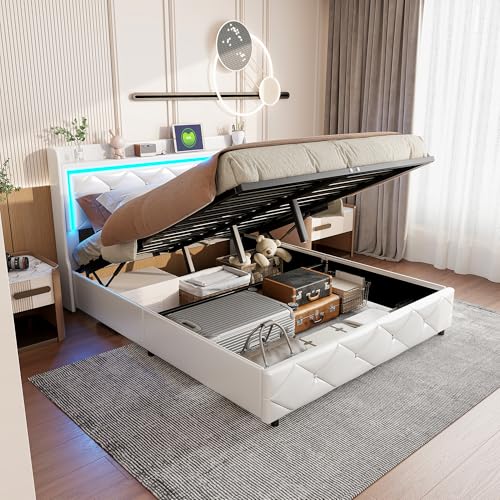 CXHLXYR Gepolstertes Doppelbett, 140 x 200, Bett mit Bettkasten 140 x 200 cm mit LED-Lattenrost und USB, gepolstertes Bett, Doppelbettrahmen mit Stauraum für Jugendliche und Erwachsene, PU-Stoff (weiß von CXHLXYR