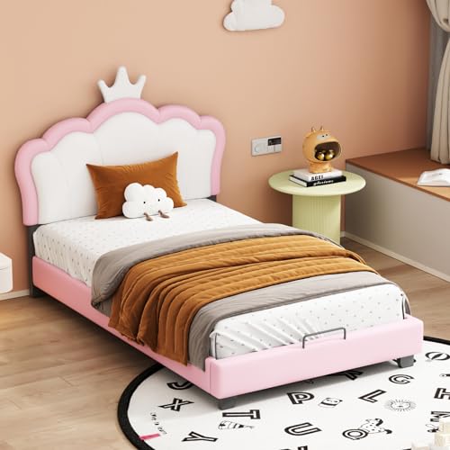 CXHLXYR Gepolstertes Kinderbett, 90 x 200 cm, gepolstertes Bett mit Lattenrost und Rückenlehne, Mädchenbett mit Krone, Jugendbett für Schlafzimmer, Matratze nicht im Lieferumfang enthalten (Pink, 90 x von CXHLXYR