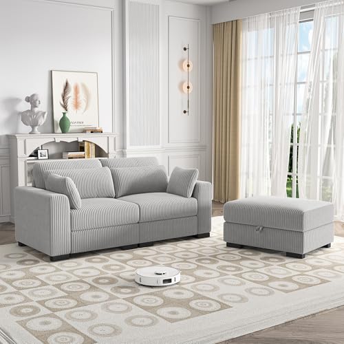 CXHLXYR Modernes Sofa, 2-Sitzer, bequemes Schlafsofa, Sofas mit 1 Aufbewahrungsboxen, Rückenlehne und weichen Kissen, Sofa für Wohnzimmer und Schlafzimmer, Stoff aus geripptem Samt (Grau, 2+1) von CXHLXYR