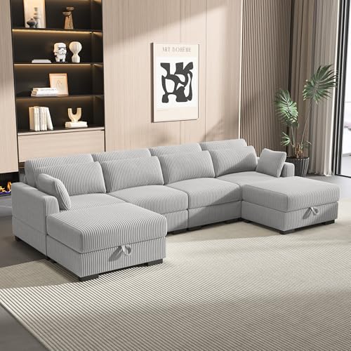 CXHLXYR Modernes Sofa, 4-Sitzer, bequemes Schlafsofa, Sofa mit 2 Aufbewahrungsboxen, Rückenlehne und weichen Kissen, Sofa für Wohnzimmer und Schlafzimmer, Stoff aus geripptem Samt (Grau, 4+2) von CXHLXYR