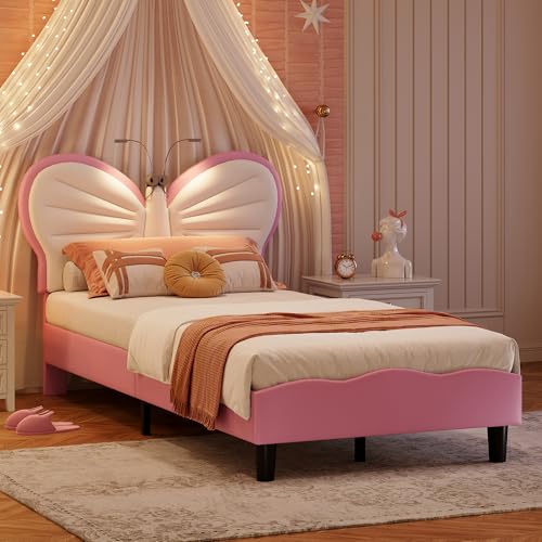 Gepolstertes Bett, 90 x 200 cm, für Mädchen, Kinderbett 90 x 200 cm, mit Lattenrost, gepolstert, mit LED und Kopfteil, höhenverstellbar, in Schmetterlingsform, Jugendbett aus PU (weiß, rosa, 90 x 200 von CXHLXYR