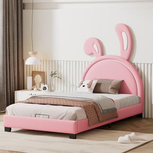 Gepolstertes Bett, 90 x 200 cm, für Mädchen, Kinderbett 90 x 200 cm, mit Lattenrost und Rückenlehne in Form von Hasenohren, gepolstert, Jugendbett, für Schlafzimmer, ohne Matratze (Rose-B, 90 x 200 cm von CXHLXYR