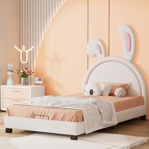 Gepolstertes Bett, 90 x 200 cm, für Mädchen, Kinderbett 90 x 200 cm, mit Lattenrost und Rückenlehne in Form von Hasenohren, gepolstert, Jugendbett, für Schlafzimmer, ohne Matratze (weiß, 90 x 200 cm) von CXHLXYR