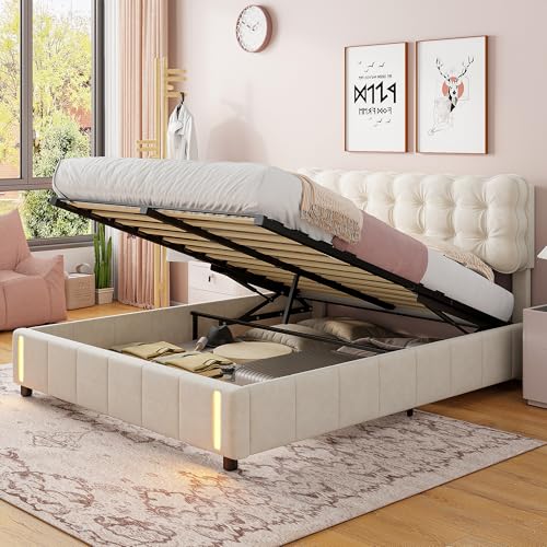 Gepolstertes Bett für Erwachsene, 160 x 200, Bett mit Lattenrost, Doppelbett mit LED, Doppelbett mit Stauraum, gepolstertes Bett mit Samt-Kopfteil, Matratze nicht im Lieferumfang enthalten (Beige-C Gepolstertes Bett für Erwachsene, 160 x 200, Bett mit Lattenrost, Doppelbett mit LED, Doppelbett mit Stauraum, gepolstertes Bett mit Samt-Kopfteil, Matratze nicht im Lieferumfang enthalten (Beige-C von CXHLXYR