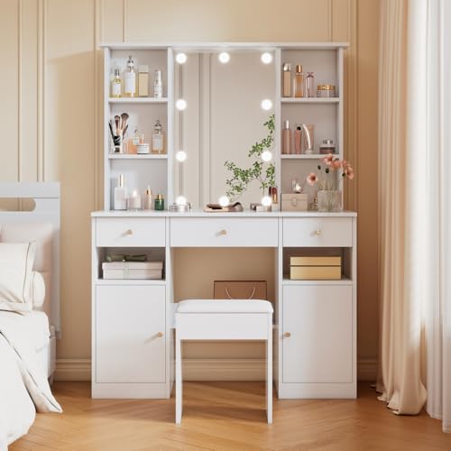 Großer Schminktisch, 110 x 40 x 151 cm, Schminktisch mit verstellbarer LED-Beleuchtung, moderner Schminktisch mit 3 Schubladen und 2 Türen, Schminktisch-Set mit Hocker, für Schlafzimmer (Weiß-5, D) von CXHLXYR