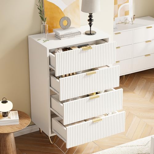 Kommode mit 4 Schubladen, 34 x 60 x 91 cm, Aufbewahrungsmöbel mit Füßen und Griffen aus vergoldetem Metall, weißer Schrank mit Schubladen, für Wohnzimmer, Schlafzimmer und Büro (Weiß-B, E) von CXHLXYR