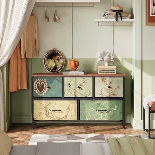 Kommode mit 5 Schubladen, Retro-Kommode mit Blumenmuster, mit 5 Schubladen, Industrieschrank, Metallrahmen, Holzplatte, Schubladen aus Stoff, für Wohnzimmer, Schlafzimmer, Eingang, Küche, Flur Kommode mit 5 Schubladen, Retro-Kommode mit Blumenmuster, mit 5 Schubladen, Industrieschrank, Metallrahmen, Holzplatte, Schubladen aus Stoff, für Wohnzimmer, Schlafzimmer, Eingang, Küche, Flur von CXHLXYR