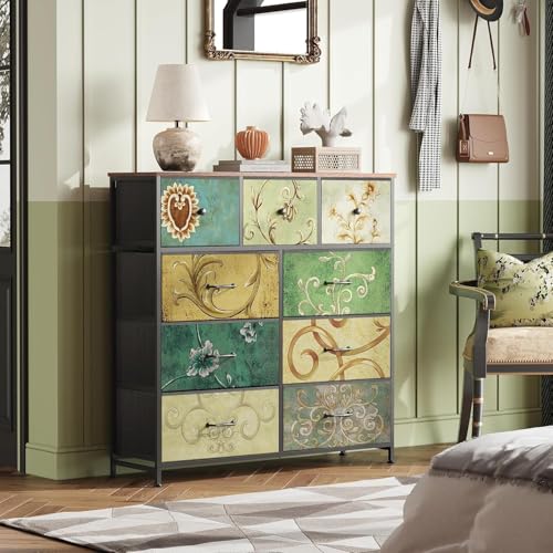 Kommode mit 9 Schubladen, Retro-Kommode mit Blumenmuster, mit 9 Schubladen, Industrieschrank, Metallrahmen, Holzplatte, Schubladen aus Stoff, für Wohnzimmer, Schlafzimmer, Eingang, Küche, Flur (Retro Kommode mit 9 Schubladen, Retro-Kommode mit Blumenmuster, mit 9 Schubladen, Industrieschrank, Metallrahmen, Holzplatte, Schubladen aus Stoff, für Wohnzimmer, Schlafzimmer, Eingang, Küche, Flur (Retro von CXHLXYR