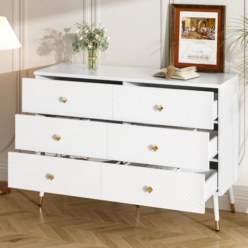 Moderne Kommode mit 6 Schubladen, Aufbewahrungsschrank mit Schubladen, Buffetschrank mit 6 Schubladen, goldene Griffe und Metallbeine für Schlafzimmer und Wohnzimmer, 120 x 40 x 80 cm (Weiß, 6 von CXHLXYR