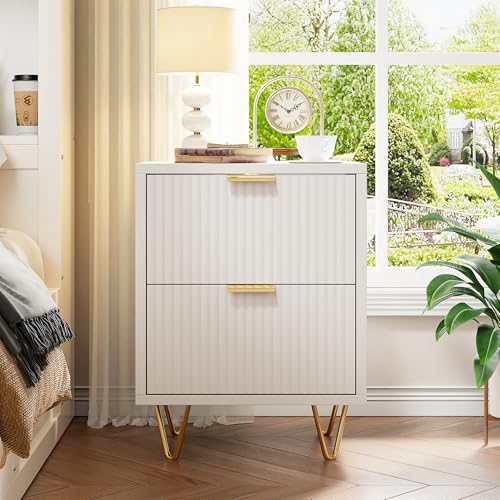 Nachttisch mit 2 Schubladen, 40 x 40 x 55 cm, Nachttisch aus Holz mit goldenen Beinen, Nachttisch im skandinavischen Stil, moderner Beistelltisch für Schlafzimmer und Wohnzimmer (Weiß, C, B) von CXHLXYR