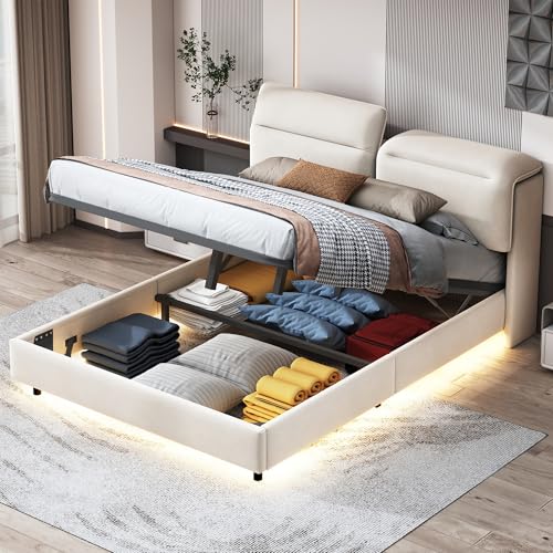 Polsterbett, 140 x 200 cm mit LED, gepolstertes Doppelbett mit verstecktem Fuß, Hydraulisches Bett mit klappbarem Kopfteil, Betten mit Lattenrost für Erwachsene und Jugendliche, Samt (Elfenbein, 140 x von CXHLXYR